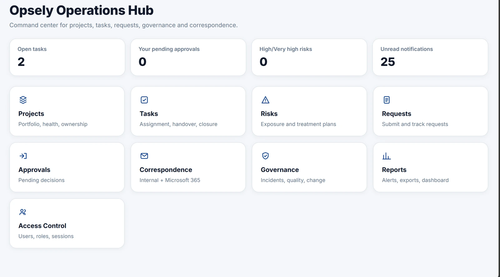 Opsely operations hub dashboard showing open tasks, pending approvals and module shortcuts, with demonstration data